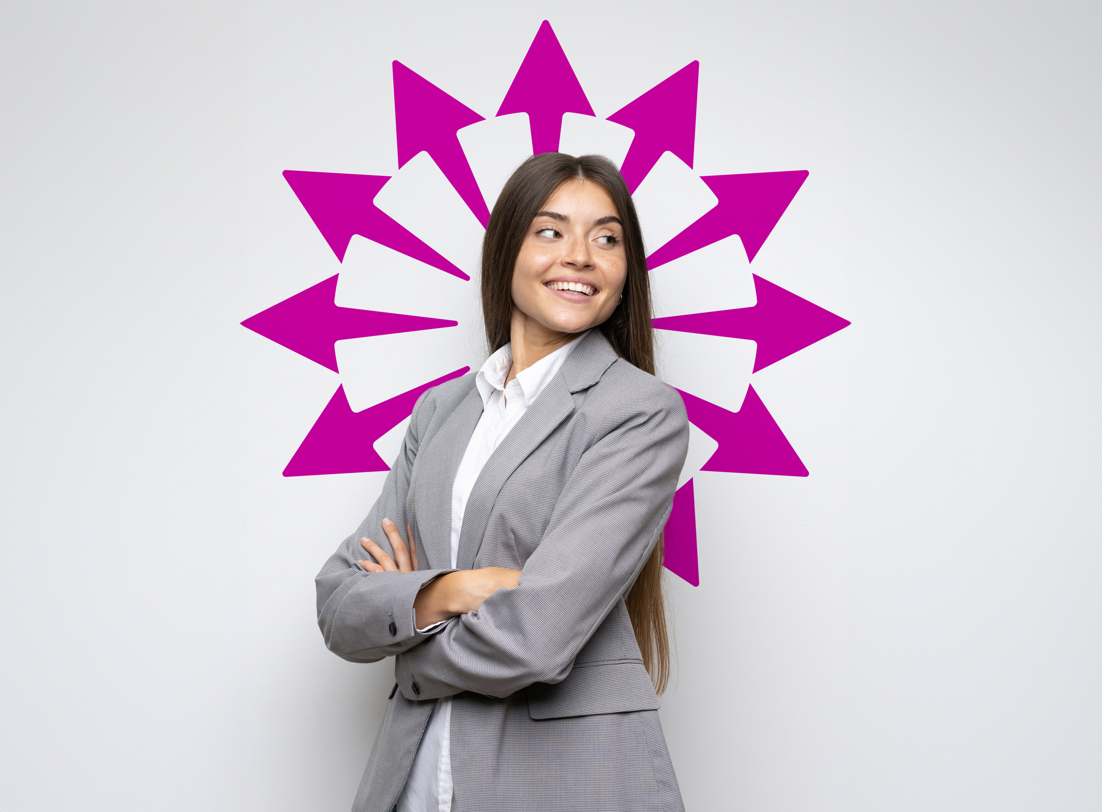 A professional woman in a suit set against an iteration of the Precision AQ logo